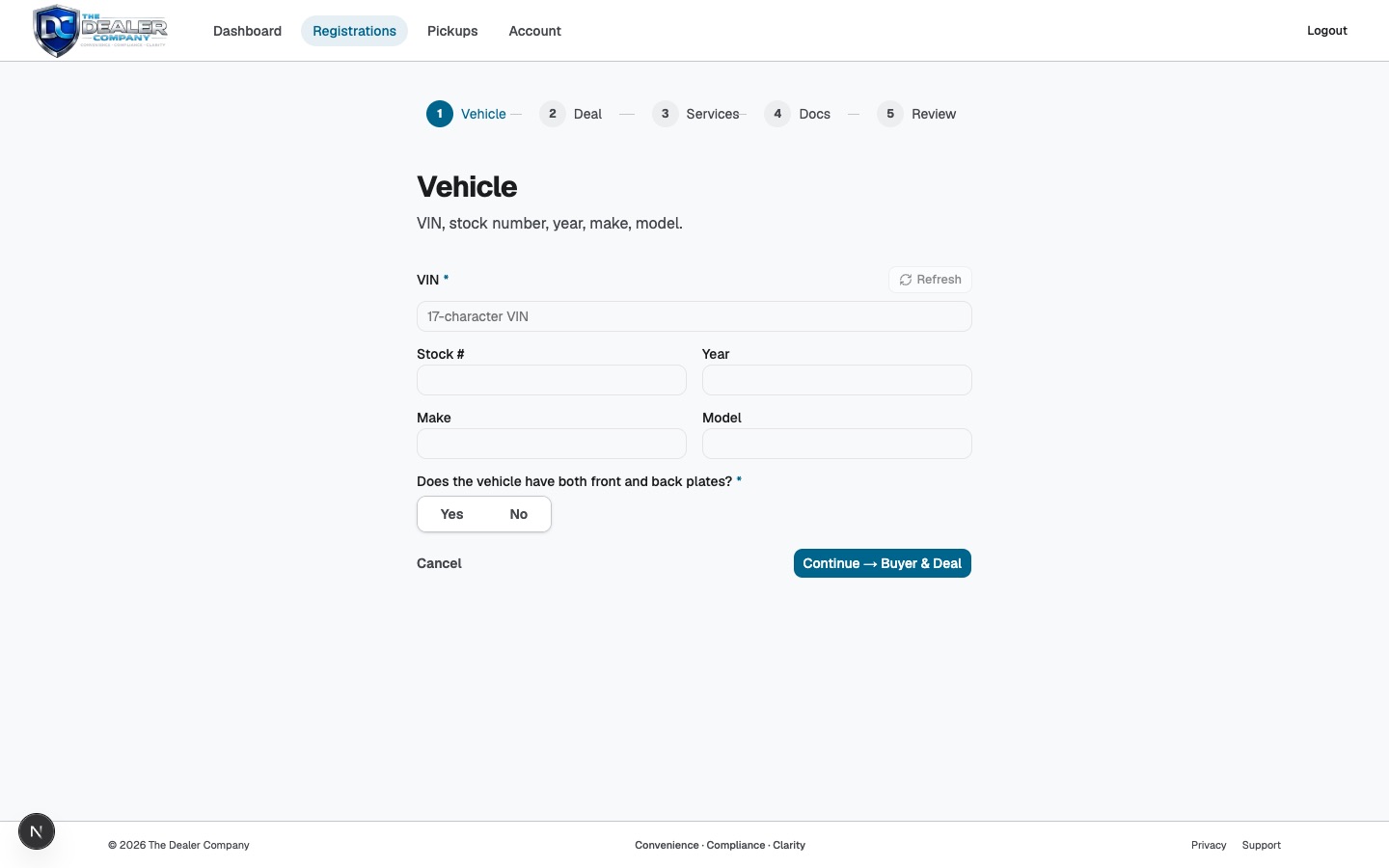 The Dealer Company registration wizard, a five-step guided flow for submitting a vehicle registration.